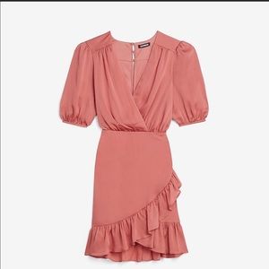 Beautiful Satin Ruched Wrap Front Ruffle Dress from express